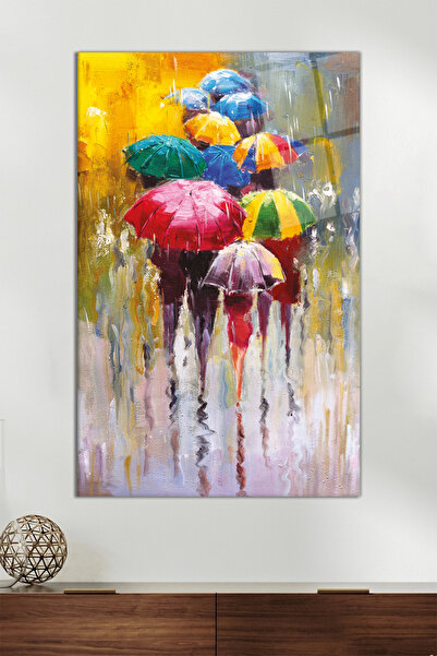 Vosevu Yağlı Boya Detaylı Şemsiyeler Dikey Cam Tablo, Modern Ev Ofis Dekoru, ...