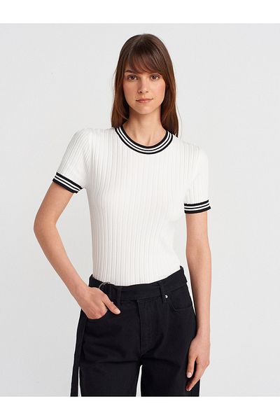 Dilvin 10765 Crew Neck Striped Knitwear Blouse-Ecru-Black