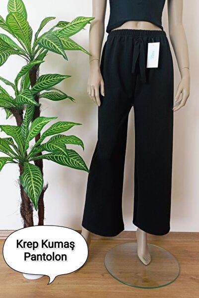 VİP BERA TEKSTİL Kadın Siyah Dökümlü Krep Kumaş Beli Lastikli Bol Paça Pantolon