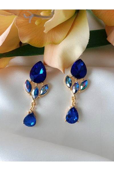 Pervin Ablacım El yapımı mavi taşlı Gold sallantılı gösterişli küpe