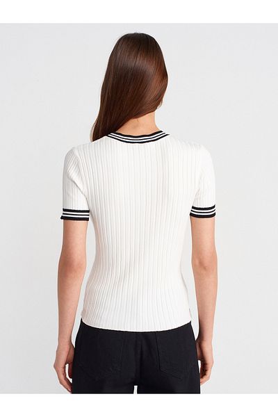 Dilvin 10765 Crew Neck Striped Knitwear Blouse-Ecru-Black