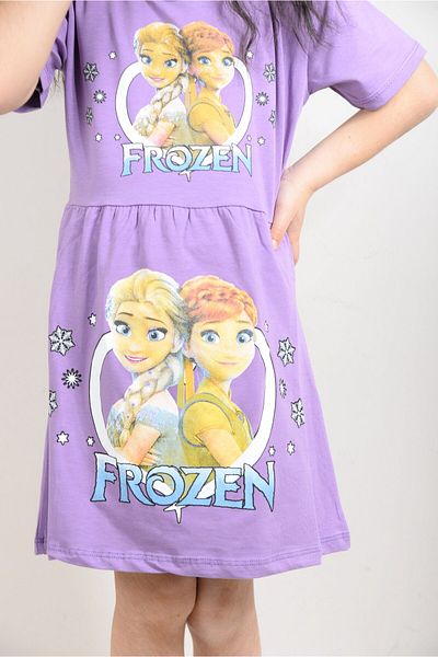 KİDSPİTİRCİK Girl Lila Frozen Elsa Printed Combed Cotton Dress (100% Cotton)