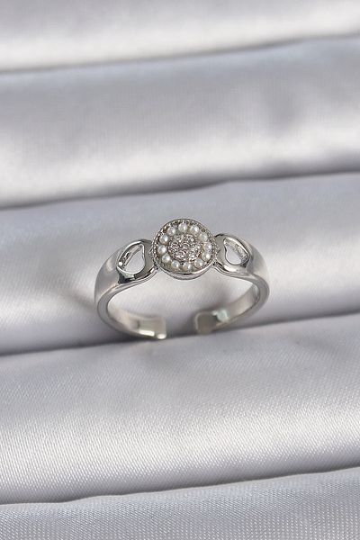 Skygo Brass Silver Color Zircon Stone Pearl Heart Engraved Detail Adjustable Model Women's Ring - Tj-Byk3359