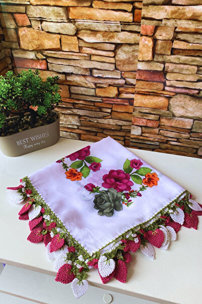 Cenk El Işi Yazma Çilek Oyalı Eşarp Tülbent Hediyelik/çeyizlik