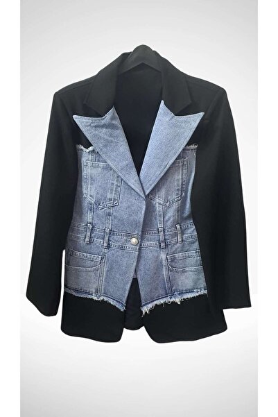 Denim Detaylı Tek Düğmeli İthal Ceket