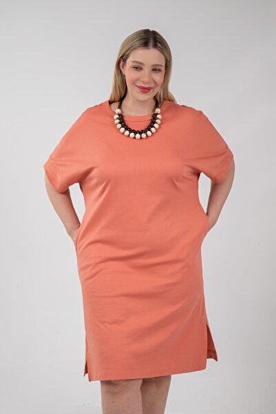 Roxxlen 210105 Γυναικείο φόρεμα με λαιμόκοψη με τσέπες πορτοκαλί