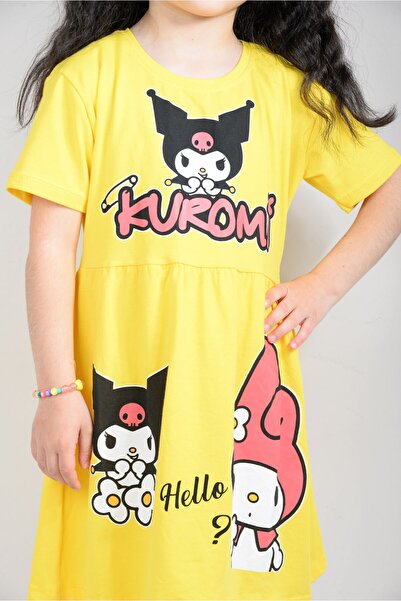 KİDSPİTİRCİK KIZ ÇOCUK SARI KUROMİ BASKILI PENYE ELBİSE (%100 PAMUK)