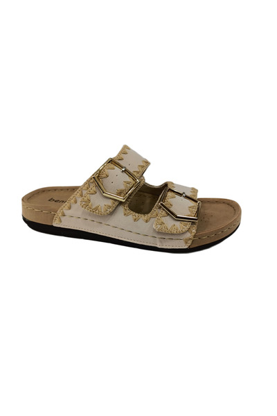 BENTO 41001 Beige Double Buckle Leather Women's Slippers