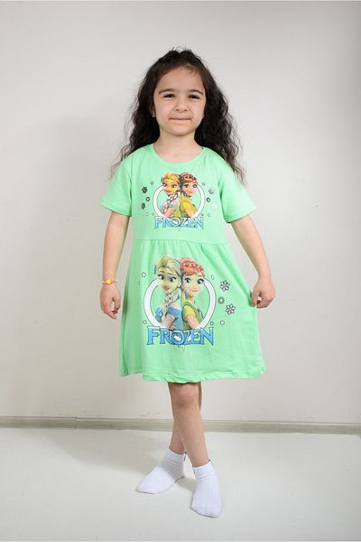 KİDSPİTİRCİK Girl's Green Frozen Elsa Printed Combed Cotton Dress (100% Cotton)