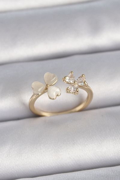Skygo Brass Gold Color Adjustable Zircon Stone Heart White Enamel Model Women's Ring - Tj-Byk3388