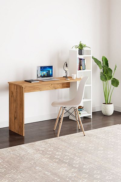interGO Working Desk With Bookcase - Atlantic Pine Pattern / White