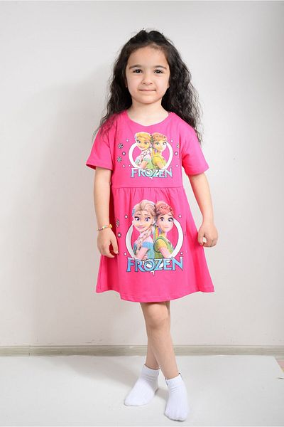 KİDSPİTİRCİK Girl's Fuchia Frozen Elsa Printed Combed Cotton Dress (100% Cotton)