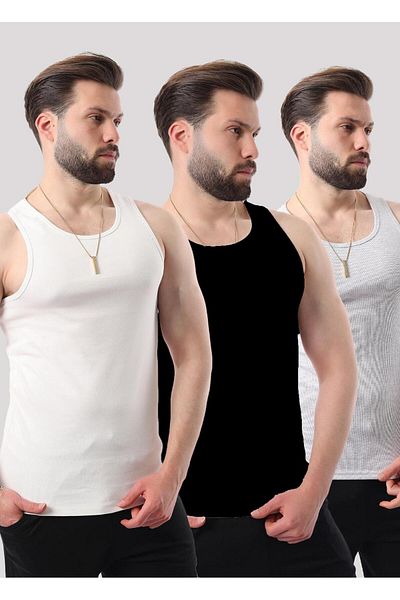 Miron Gray White Black Men's Ribbed Triple Pack Cotton Lycra & Undershirt - 2517