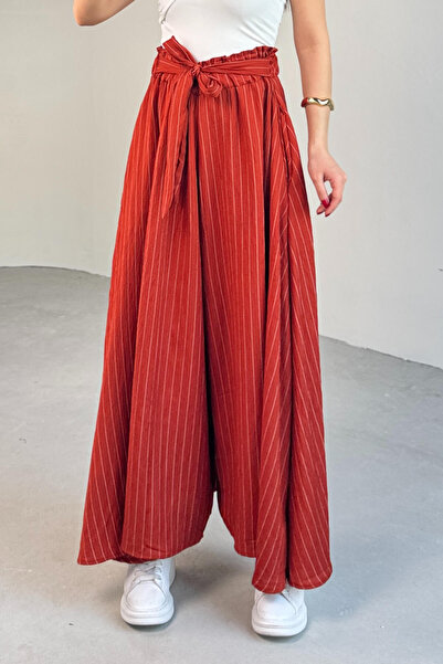 Cappmoda Pnt-07411 Cinnamon Striped Woven Shalwar Skirt Trousers