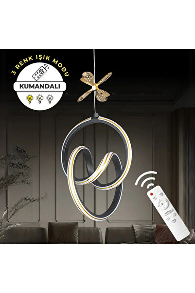 Elektroyou Yaren Siyah Kumandalı 3 Renk LED Gold Çizgili Kelebek Detaylı Sarkıt Dimmerli LED Avize