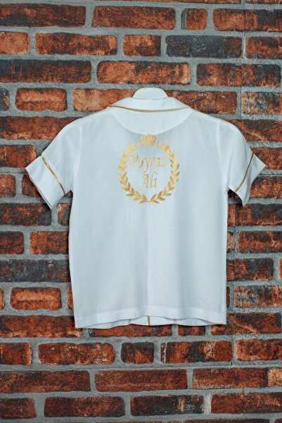 ADEREN KİDS SÜNNET PİJAMASI YAZLIK KISA KOLLU PAMUK İSİM BASKILI BEYAZ GOLD