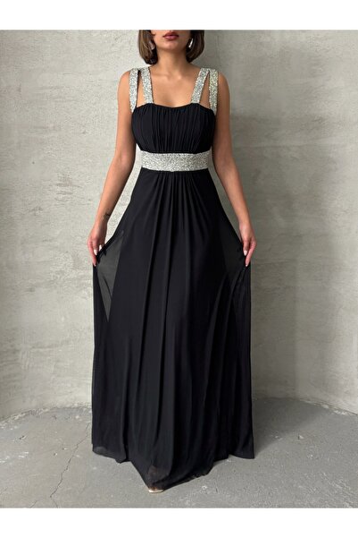 ADA MODA Rochie lungă din voal accesorizată cu strasuri