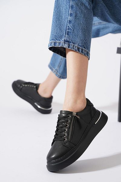 Moda Pie Pantofi sport pentru femei Neges cu fermoar lateral piele neagră