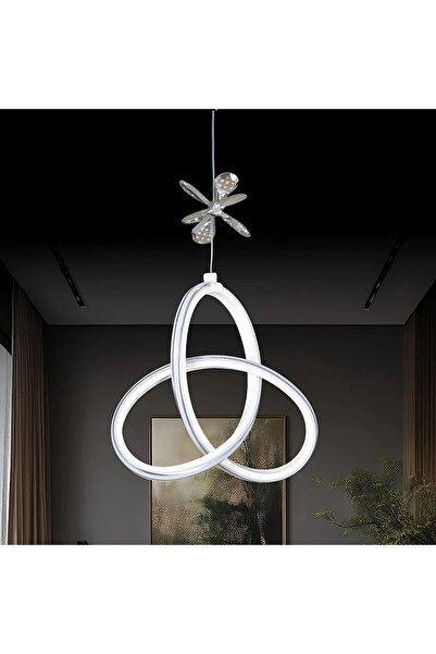 Elektroyou Yonca Beyaz Özel Tasarım Krom Çizgili Krom Kelebek Dekor Detaylı Sarkık Beyaz Ledli Avize