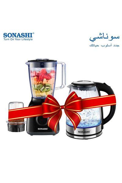 sonashi 2 In 1 Countertop Blender With Unbreakable Jar/Grinder And Glass Kettle Bundle 1.8 L 1500 W SB-144B