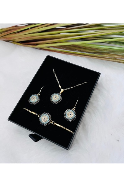 RM Bijuteri Gold Zirkon Taşlı Nazar Göz Hediye Seti -Zirkon Set-