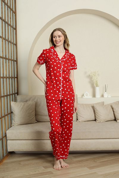 KAPİTEX Buttoned Long Sleeve Short Sleeve Bottom Long Heart Printed Red Color Pajama Set
