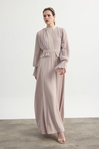Birgül Bektaş Stone Color Pleated Crepe Chiffon Dress