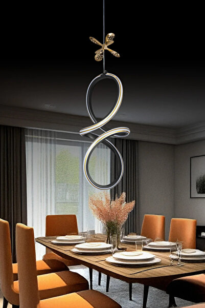 Elektroyou Badem Siyah Gold Çizgili 3 Renk Kumandalı Dimmerli Kelebek Detaylı Sarkıt Led Avize