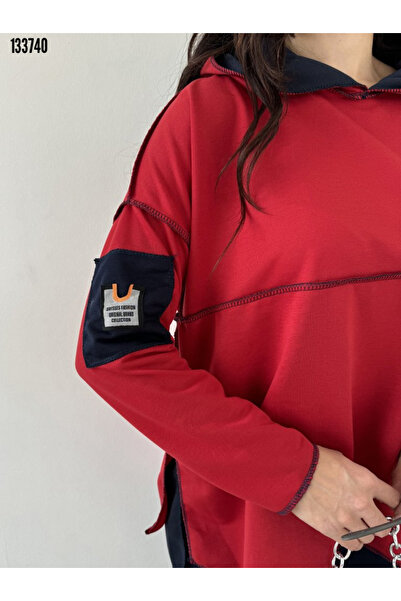 Modayakamoz Kadın Büyük Beden Kapşonlu İkili Takım Ters Dikiş Görünümlü