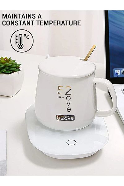 MACON Portable Ceramic Heating Mug with Thermostatic Coaster – Coffee Tea Warmer with Spoon, White