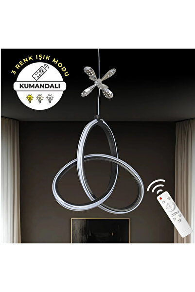 Elektroyou Yonca Siyah Kumandalı 3 Renk Dimmerli Krom Çizgili Krom Kelebek Detaylı Sarkıt LED Avize