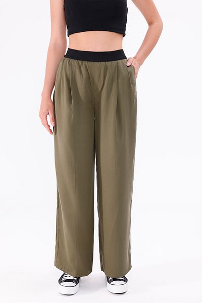 LA PANTE Drapey Wide Leg Khaki Fabric Trousers with Elastic Waist