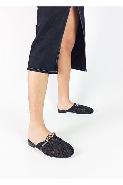 GDT Ayakkabı Black Color Knitwear Knitted Stone Detailed Lacy Women's Slippers