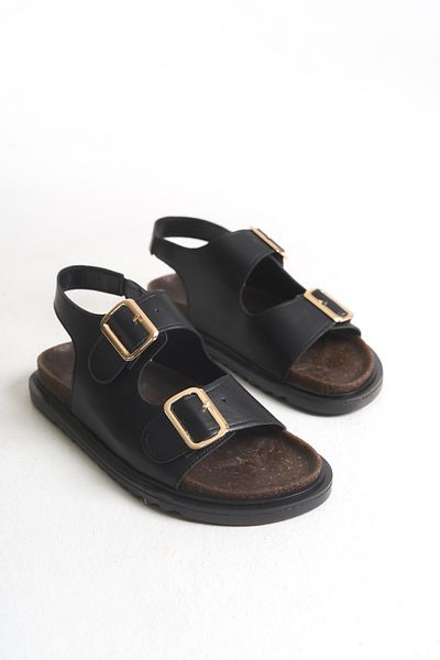 Moda Değirmeni Sandale cu talpă dublă anti-alunecare pentru femei cu piele neagră MD1165-123-0001