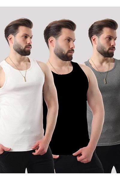 Miron Black White Anthracite Men's Ribbed Triple Pack Cotton Lycra & Undershirt - 2517