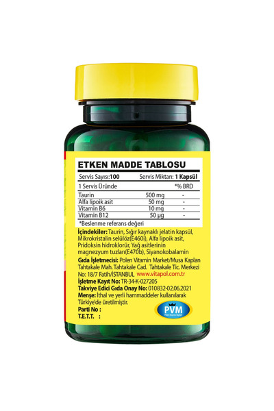 Vitapol Taurin 500 Mg Vitamin B6 Vitamin B12 100 Kapsül