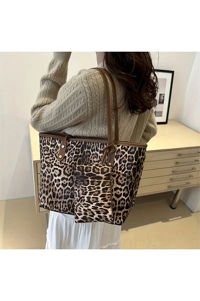 ÇANTA Vip Vintage Leopard Print Large Size Bag Wallet Set