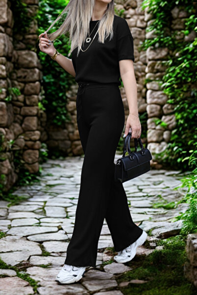 YAKAMEL Kadın Günlük Şık Baskısız Esnek Fitilli Takım