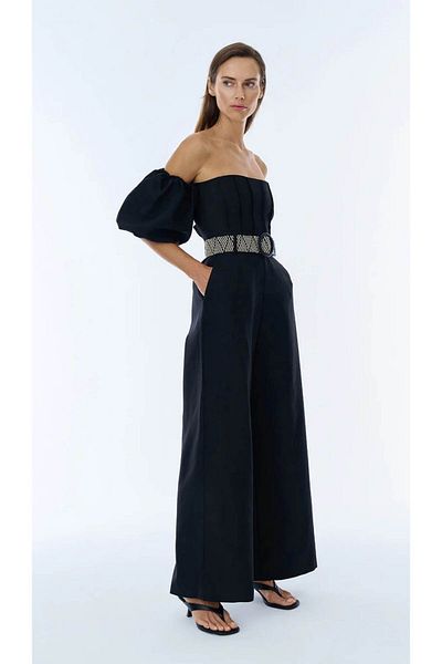 Quzu Long Black Jumpsuit with Balloon Sleeves and Belt