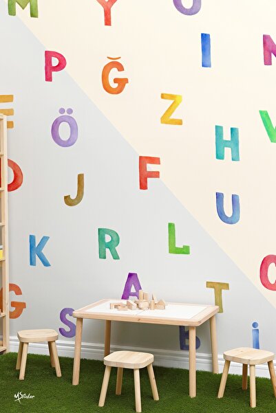 MSticker Suluboya Desenli Türkçe Alfabe Harfleri Okul Kreş Anaokulu Çocuk Oda...