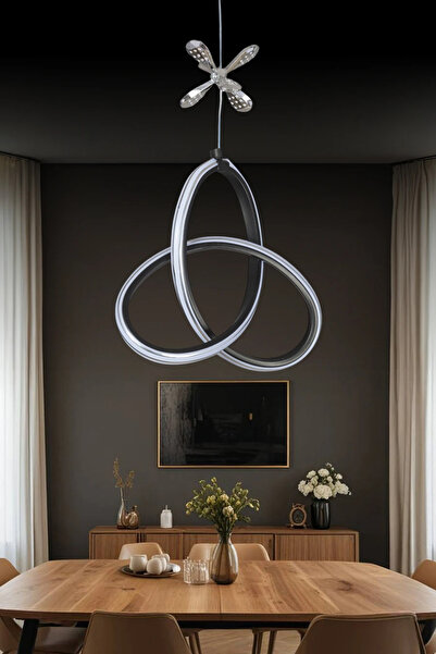 Elektroyou Yonca Siyah Kumandalı 3 Renk Dimmerli Krom Çizgili Krom Kelebek Detaylı Sarkıt LED Avize