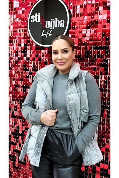 STLB Payetli Fermuarlı Kadife Yelek