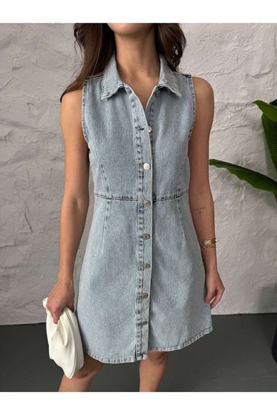 Elif Özbey Butik Ice Blue Zero Cufflinks Denim Dress