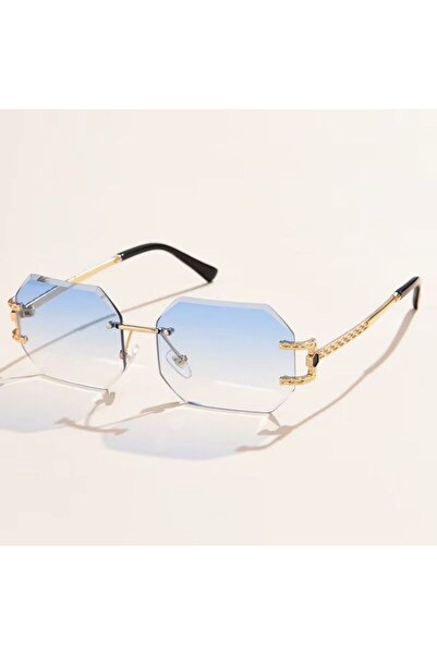 REDz Accessories Ochelari de soare hexagonali, fără rame, protecție UV400, brațe metalice aurii, albaștri