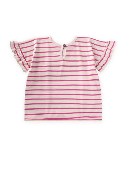 Cigit Striped Tie-Up Girl's T-Shirt 3-10 Years Fuchsia Striped