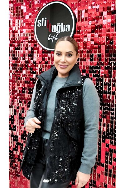 STLB Payetli Fermuarlı Kadife Yelek