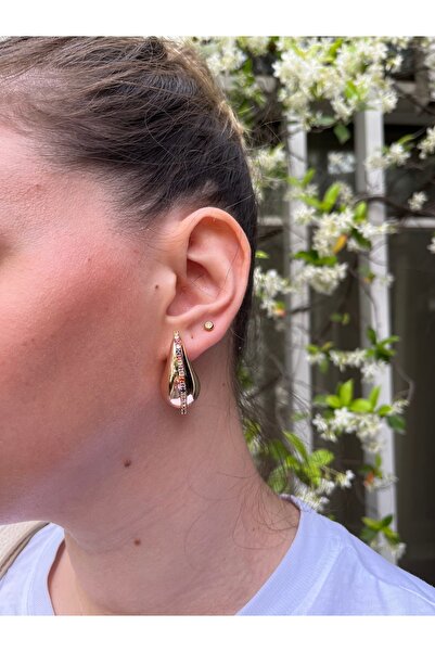 MODA Çelik Damla Küpe – Renkli Zirkon Taşlı, Altın Renk Kaplama