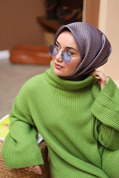 Silk Home Lila-Yeşil Geometrik Desenli Tivil İpek Eşarp IST11421-36