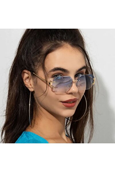 REDz Accessories Ochelari de soare hexagonali, fără rame, protecție UV400, brațe metalice aurii, albaștri