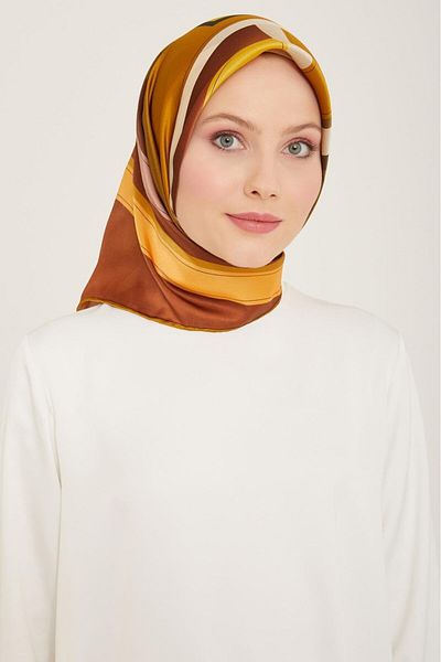 Armine Λάδι Πράσινο-καφέ Γεωμετρικό Μοτίβο Sura Silk Scarf 9122-56
